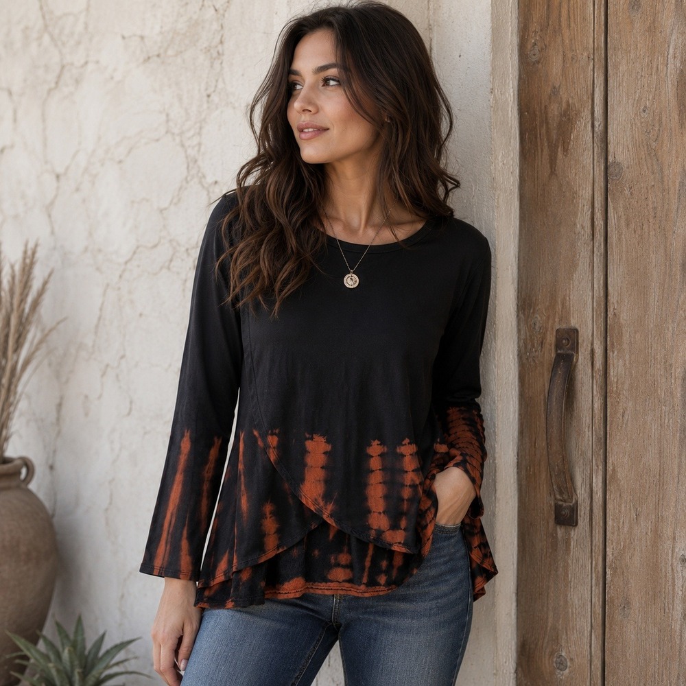 Go Couture Top Women M Black Orange‎ Tie Dye Bleach Wash Asymmetrical Crossover